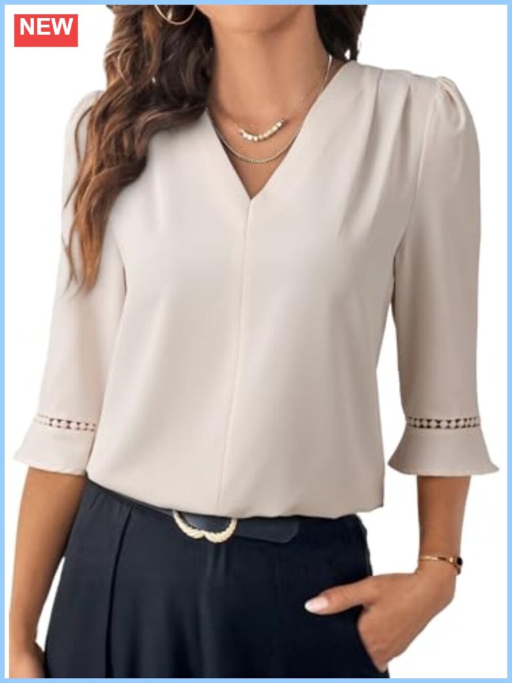 Women's Pleated V Neck Blouse 3/4 Bell Sleeve Ruffle Cuff Business Casual Top